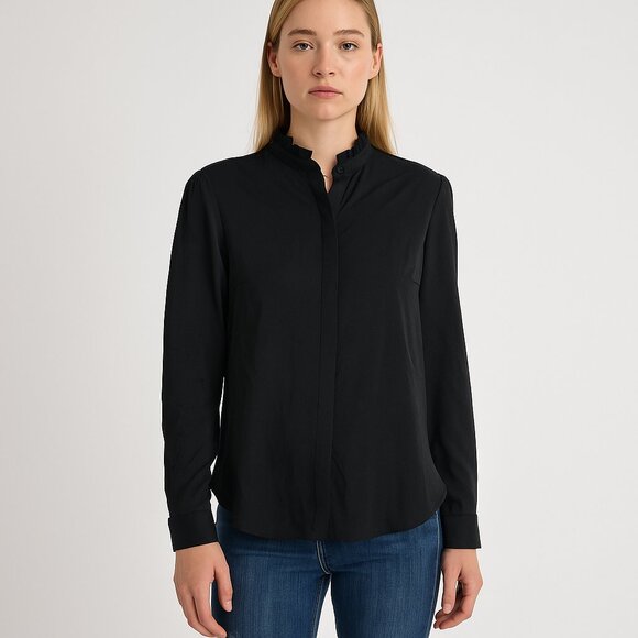 2/$30 EXPRESS Portofino Ruffle Neck Button-Down Shirt Black Large #A0501 TRB3 - Picture 1 of 8
